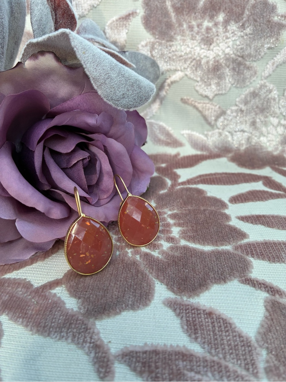 Gold-Edged Teardrop Pink Stone Earrings